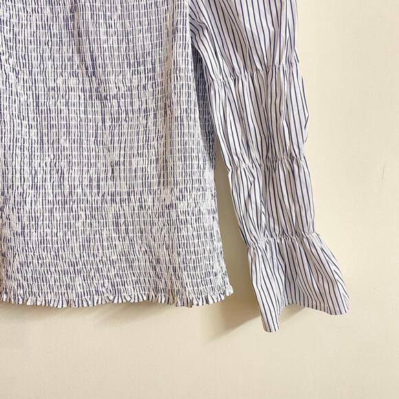 Venus Striped Blouse size Large Shirred Long Sleeve Grey White - Picture 3 of 10